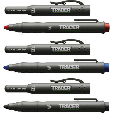 TRACER Kit di pennarelli da costruzione senza intasamenti con fondina TRACER (pennarelli multiuso perfetti per superfici lucide e polverose), nero, blu e rosso (1/4)