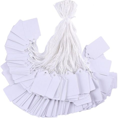 Cartellini bianchi con cordino – 100 pezzi, 4,4 × 2,8 cm, superficie liscia, ideali per mercatini dell'usato, gioielli e abbigliamento