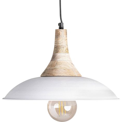 Suspension industrielle Beck épurée en fer et bois - Blanc cassé et bois naturel (1/5)