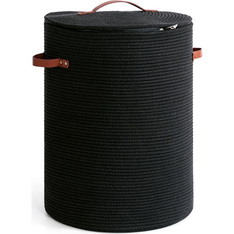 Grand panier à linge tressé avec couvercle – Panier de rangement décoratif pour chambre ou salon – Pour vêtements, couvertures et jouets – 15 x 20 pouces, noir (1/5)