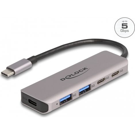 Delock Concentrador USB 5 Gbps de 2 puertos USB Type-C⢠y 2 puertos Tipo-A con conector USB Type-Câ¢
