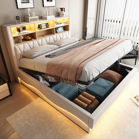 Letto contenitore 180x200 cm con LED APP, porta USB e rete metallica beige HAVRYA (1/5)