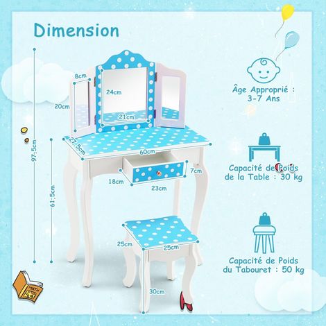 2 in 1 children's dressing table with stool & triple folding mirror & drawer dot blue (1/5)