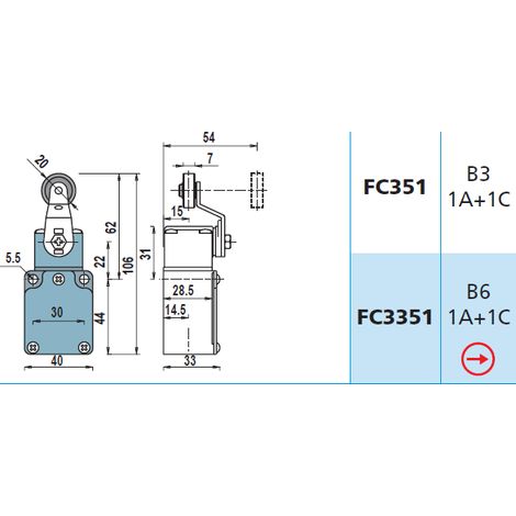 FC351 1NA + 1NC Interruttore di Posizione a leva gir.con rotella Finecorsa