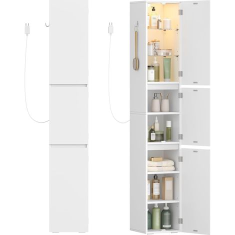 Armoire de Salle de Bain Haute avec Éclairage, Meuble de Rangement avec Étagères en Verre Réglables, Trois Portes Réversibles, Pieds Antidérapants, Adaptée Aux Petits Espaces, Blanc (1/5)