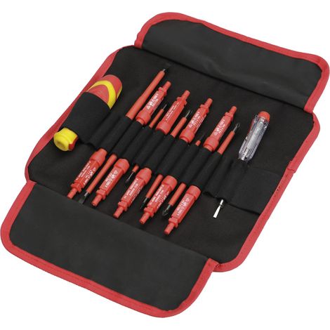 Juego de 11 destornilladores aislados con varilla intercambiable en estuche de nylon ALYCO
