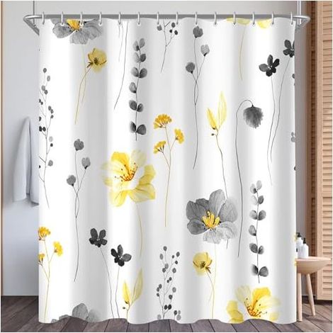 Rideau de Douche 180x200 cm Imperméable et Antimoisissure - Motif Floral Jaune et Gris avec Ourlet Lesté, Polyester Lavable, 12 Œillets pour Tringle, Salle de Bain (1/4)