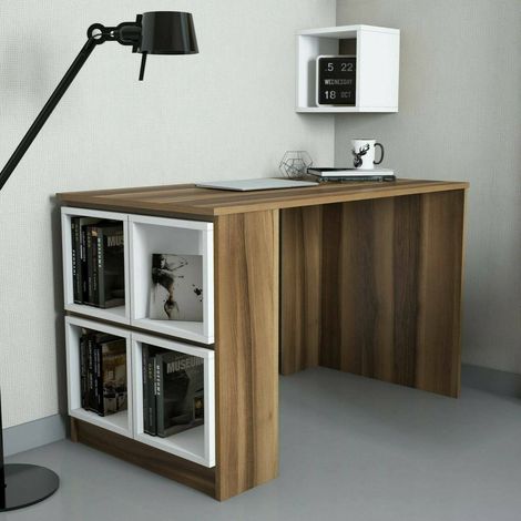 Dmora - Escritorio Dpin, Escritorio multiusos, Mesa de oficina para PC, El plan de trabajo, 120x65h75 cm, Nogal y Blanco (1/5)