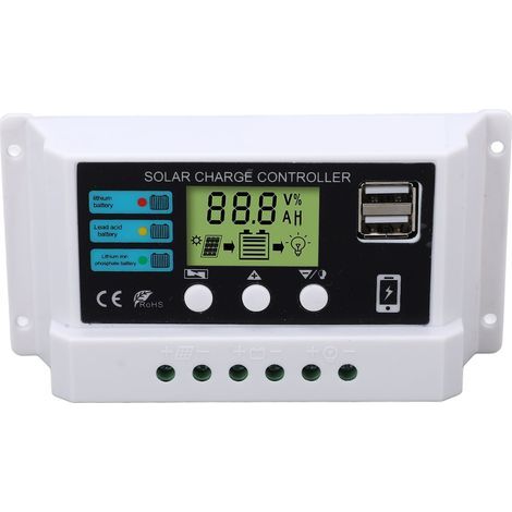 Solar controller, industrial chip, LCD screen, overload protection regulator, 12V 24V, self-adapting, white, 30A (1/5)