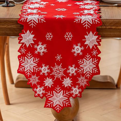 Chemise de table rouge de Noël 14 x 86 pouces, chemises de table à flocons de blanc brodés à découpes, pour décorer la table de cuisine ou à manger pour Noël, les fêtes, l'hiver. (1/4)