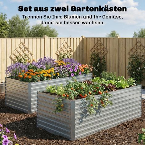 Set aus 2 verzinkten Hochbeeten, 180 x 90 x 60 cm, Metall-Hochbeete mit Sicherheitskanten, silber. (1/5)