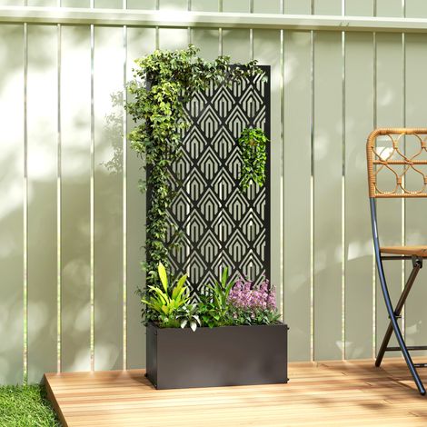 Jardinière avec treillis. bac à fleurs. avec brise-vue. pour plantes grimpantes. métal. 45 x 21.5 x 110 cm. noir