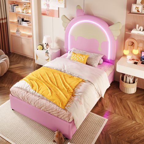 Letto bambino 90x200 cm a forma di unicorno con 2 cassetti e illuminazione LED, senza materasso, rosa