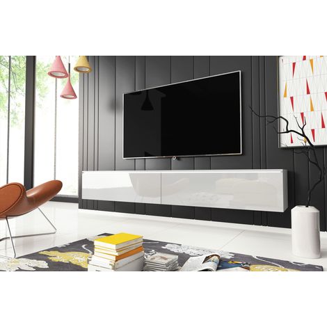 Bratex – Meuble TV suspendu 180 cm – Panneau stratifié 15 mm – Finition blanche brillante – Résistant à l'eau et à l'usure