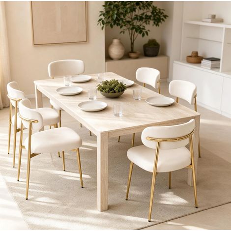 Set di 6 sedie da pranzo imbottite bianche con schienale curvo, struttura in metallo dorato, uso quotidiano (1/5)