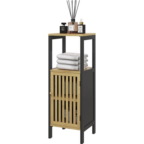 Meuble bas de salle de bain en bambou avec placard 1 porte niche ouverte 32 x 30 x 90,5 cm, noir et bois