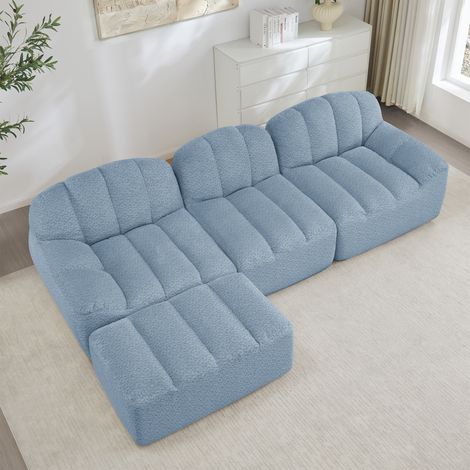 Canapé d'angle en L,canapé modulaire 3 places sans structure avec 1 Pouf,Coussins Profonds,Forme Coquillage,Polaire granuleuse(Bleu) (1/5)