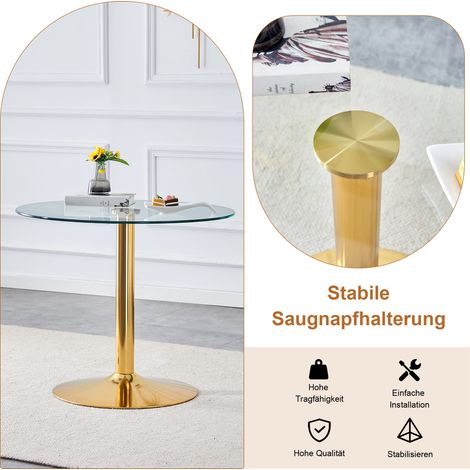 Table ronde en verre 85 cm avec piètement métal doré, style élégant, assortie à 2 chaises de salle à manger blanches et dorées, ensemble moderne pour cuisine ou salon. (1/5)