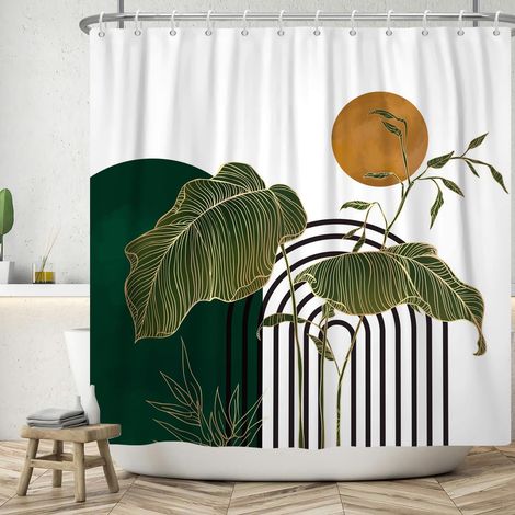 Rideau de Douche 180x200 cm, Art Abstrait Moderne Vert Or Feuilles Tropicales Soleil Blanc Lavables Textile imperméable Rideau de Bain pour Baignoire avec 12 Crochets (1/5)