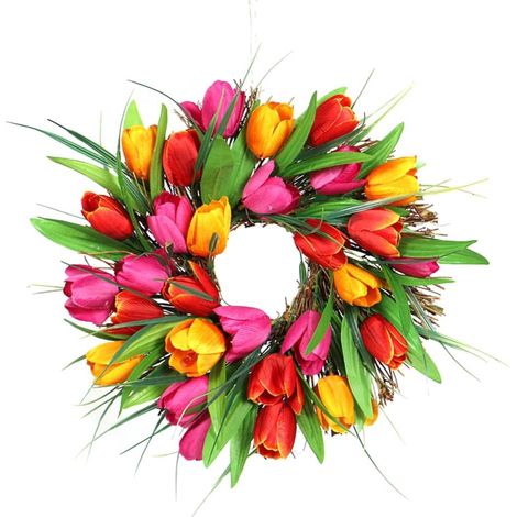 Guirlande Fleurs Artificielles - Couronne Tulipe 30 cm - Décoration Porte Fenêtre Mur - Printemps Été - Orange (1/5)
