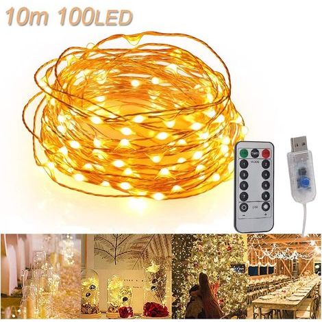 Guirnalda de luces LED USB AIDUCHO de 10 m, 100 LED, cable de cobre, control remoto, resistente al agua, IP65, luz ambiental cálida. (1/5)