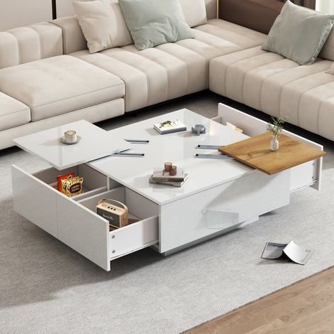 Table basses 75x75x33,5cm, table basse carrée moderne avec étagère, plateau coulissant, charge maximale 30 kg, blanc (1/5)