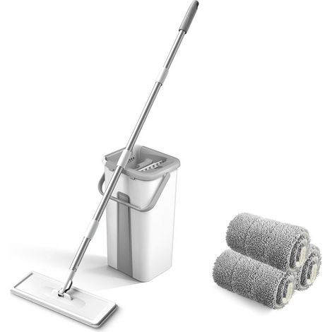 Serpillière Seau Essoreur, Serpillère Microfibre Plat avec Manche INOX, Balai Plat Rotative 360° avec 3 Serpillères Réutilisables, Balai Serpillière pour Nettoyage Tous Types de Sols (1/5)