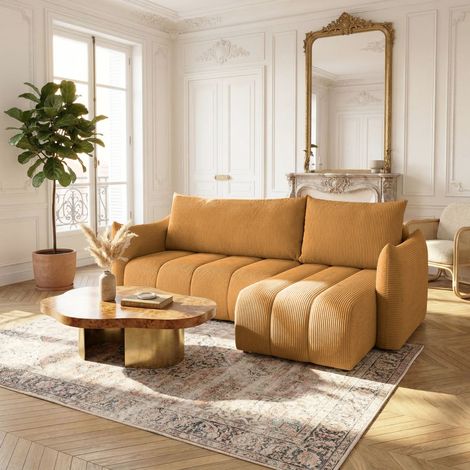 Ecksofa Schlafsofa ONTARIO XS in Stoff Poso Senfgelb Ottomane Rechts