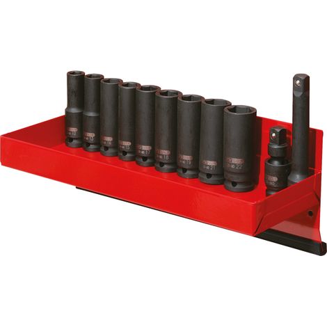 KS Tools - Présentoir de 10 douilles à chocs longues 1/2'', 12 à 22 mm, cardan et rallonge - 515.0612
