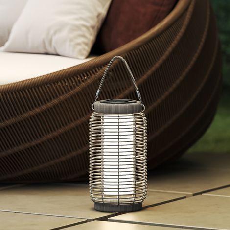 Lampadaire d'extérieur solaire en résine tressée luminaire LED de jardin en acier marche/arrêt automatique gris