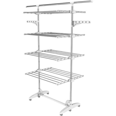 Wäsche-Trockengestell, Wäscheständer Material: Edelstahlrohre Maximale Belastbarkeit: 3 kg pro Stützstange 4 Ablagen, Weiß, Mit Flügeln und Stange Oben (1/4)