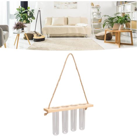 Ornement hydroponique créatif en verre à 1 niveau et 4 trous, décoration murale pour plantes vertes, étagère suspendue en bois, récipient hydroponique en verre pour tubes à essai, couleur bois naturel (1/5)