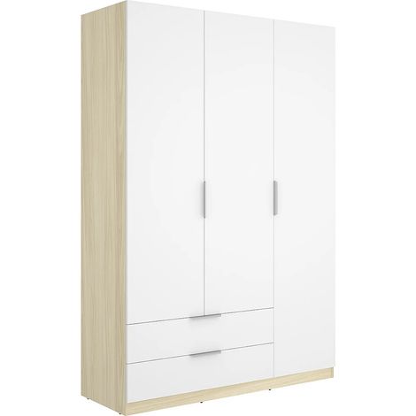 Armadio 3 ante 2 cassetti L137 cm Bianco e naturale chiaro - KALONY (1/5)