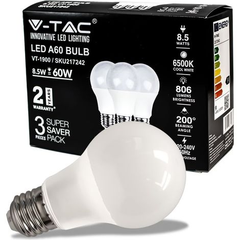 V-TAC VT-1900 Ampoule LED E27 8,5W SMD A60 lumière blanche froide 6500K boîte 3 pièces - 217242 (1/5)