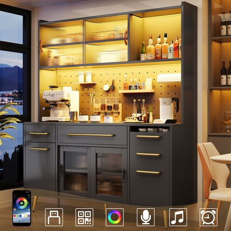 Buffet moderne lumineux LED, meuble haut de rangement pour cuisine et salon, avec panneau ajouré, tiroir et porte vitrée, noir (1/5)