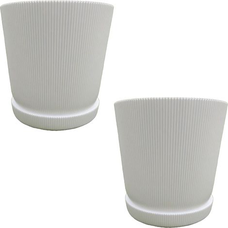 Relaxdays Vaso da fiori, set da 2, vaso con sottovaso, righe, H x D: 20 x 20 cm, vaso per piante, plastica, bianco