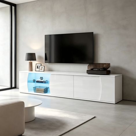 Meuble TV 180 x 40 x 45 cm, meuble bas à 3 portes, vitrine en verre trempé, meuble TV multimédia haut de gamme avec éclairage LED, support TV autoportant, compatible avec les téléviseurs de 80 pouces. (1/4)