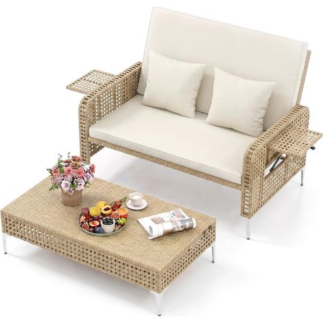 COSTWAY Set Divano Letto Patio 2 Pezzi, Rattan PE con Pouf Contenitore, Schienale Regolabile (1/5)