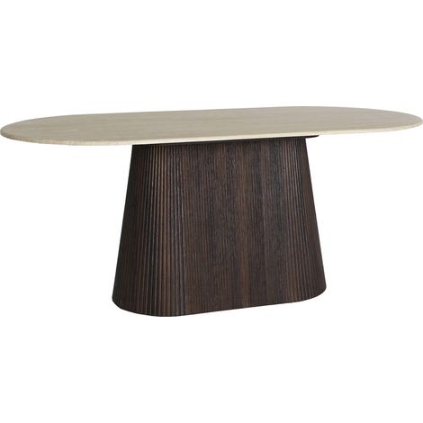 Table à manger contemporaine finition noyer et marbre beige - Noyer foncé et marbre beige (1/4)