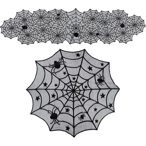 2 Pièces Nappes de Décorations d'halloween Couverture de Table en Dentelle Ronde Noire en Toile d'araignée pour Les Fêtes à Thème d'halloween Décorations de Table de dîner (1/5)