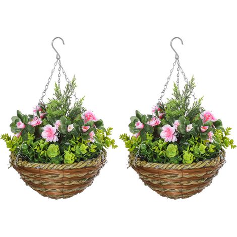 Set 2 Piante Artificiali Lisianthus da Appendere con Vaso e Catenelle Rosa e Verde (1/5)