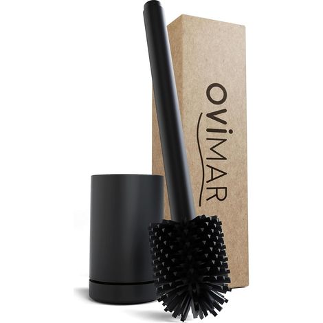 Tjome Brosse WC noire en silicone avec fonction de ventilation, autoportante, tête de brosse WC en acier inoxydable, réservoir pour produits de nettoyage, bac d'égouttement amovible, brosse WC (1/5)