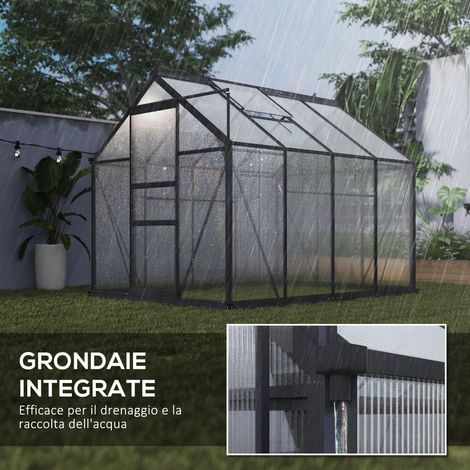 Serre de jardin en aluminium et polycarbonate gris 190x252x201 cm avec porte coulissante, système de ventilation et gouttière intégrée. (1/5)