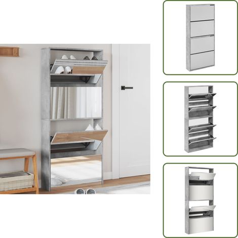 The Living Store Scarpiera con Specchio a 4 Livelli Grigio Cemento 63x17x134 cm - Scarpiera con specchio