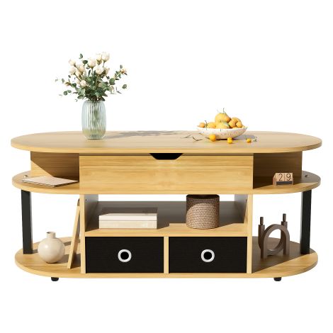 Table basse moderne avec finition imitation bois, mécanisme de levage, espace de rangement et tiroirs en tissu noir – polyvalente, élégante et pratique pour le salon et le bureau. (1/5)