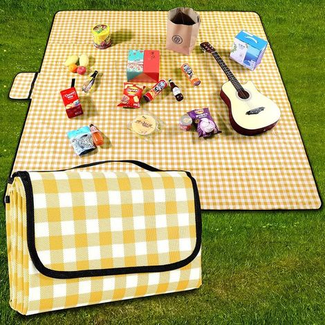 Couverture de pique-nique 200 cm x 200 cm imperméable - Tapis de plage - Tapis de pique-nique lavable et léger avec poignée - Jaune à carreaux - Pour randonnée, voyage, camping, parcs (1/5)