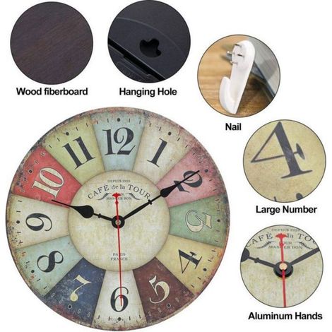 Horloge Murale Vintage Rétro - Horloge Industrielle Design Silencieuse Pendule Murale Bois Moderne pour La Chambre Cuisine Salle de (1/5)