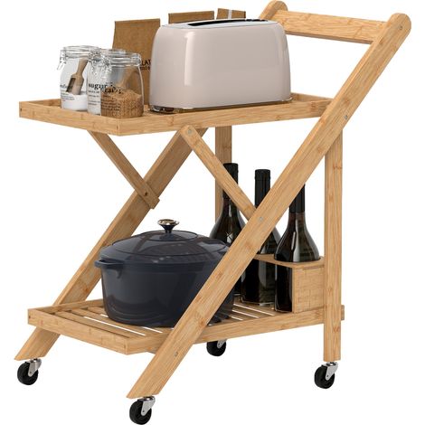Desserte de cuisine pliable 2 plateaux 3 casiers roulettes freinées 66 x 40 x 70 cm scandinave en bambou bois naturel (1/5)