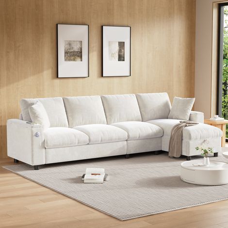 Canapé Chenille L – 2 accoudoirs, rangement, table rétractable, 2 étagères boissons, USB/Type-C, L gauche/droit. Beige. (1/5)