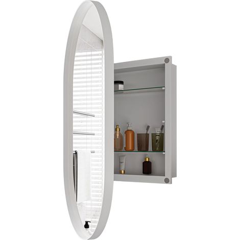 Armoire à miroir ovale blanche, cadre métallique, étagères réglables, pour salle de bains, salon ou chambre, design élégant et fonctionnel (1/5)